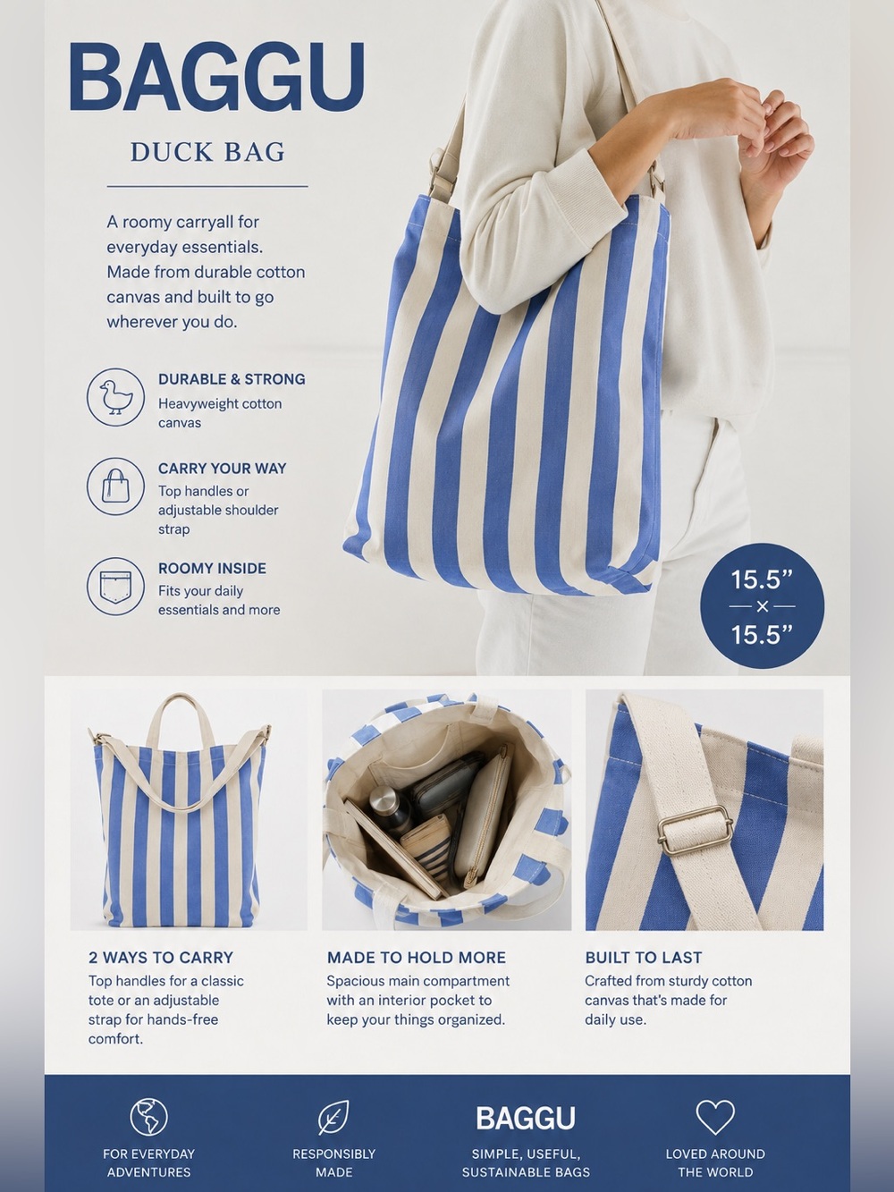 BAGGU Duck Bag Canvas Tote - Blue & Cream Stripes
